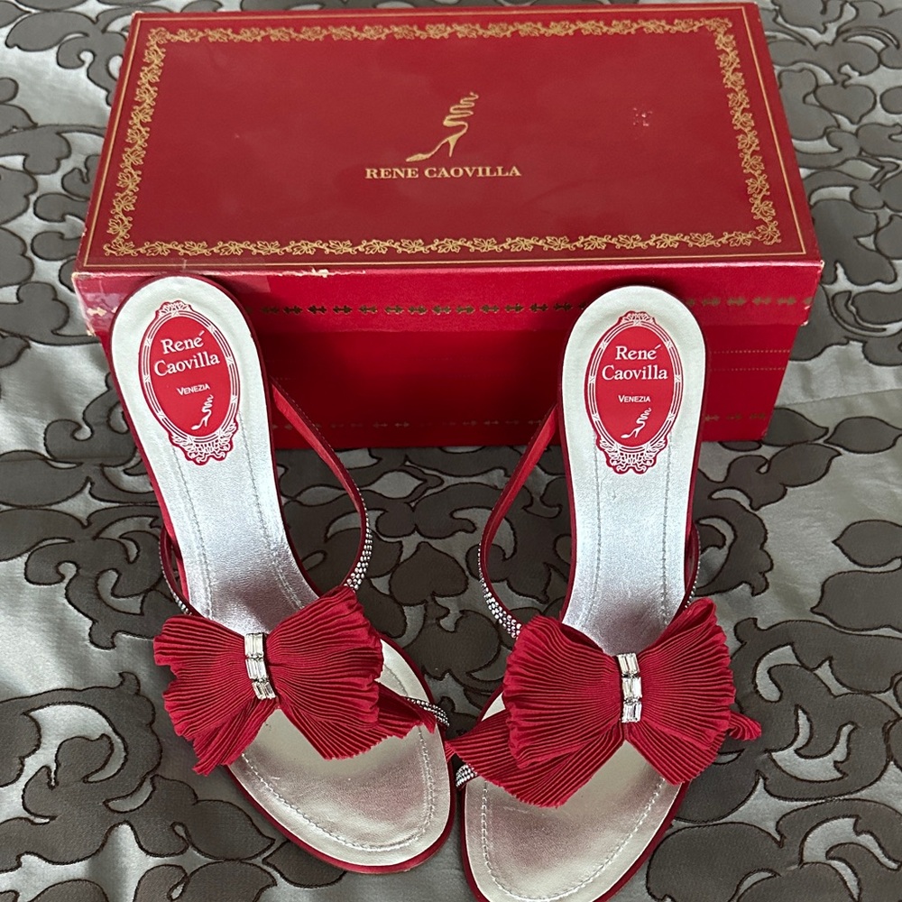 Rene Caovilla Red Bow Heeled Sandals
